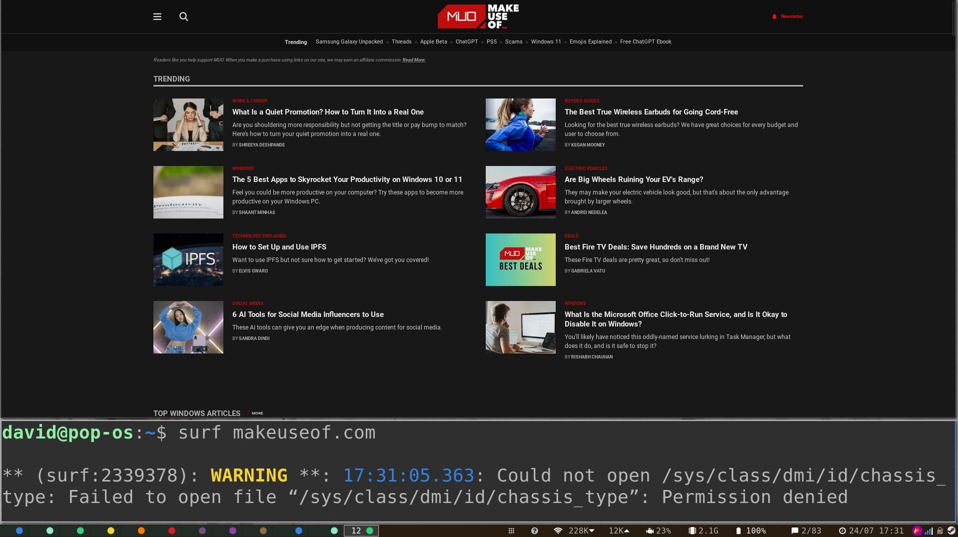 suckless surf showing the MUO homepage