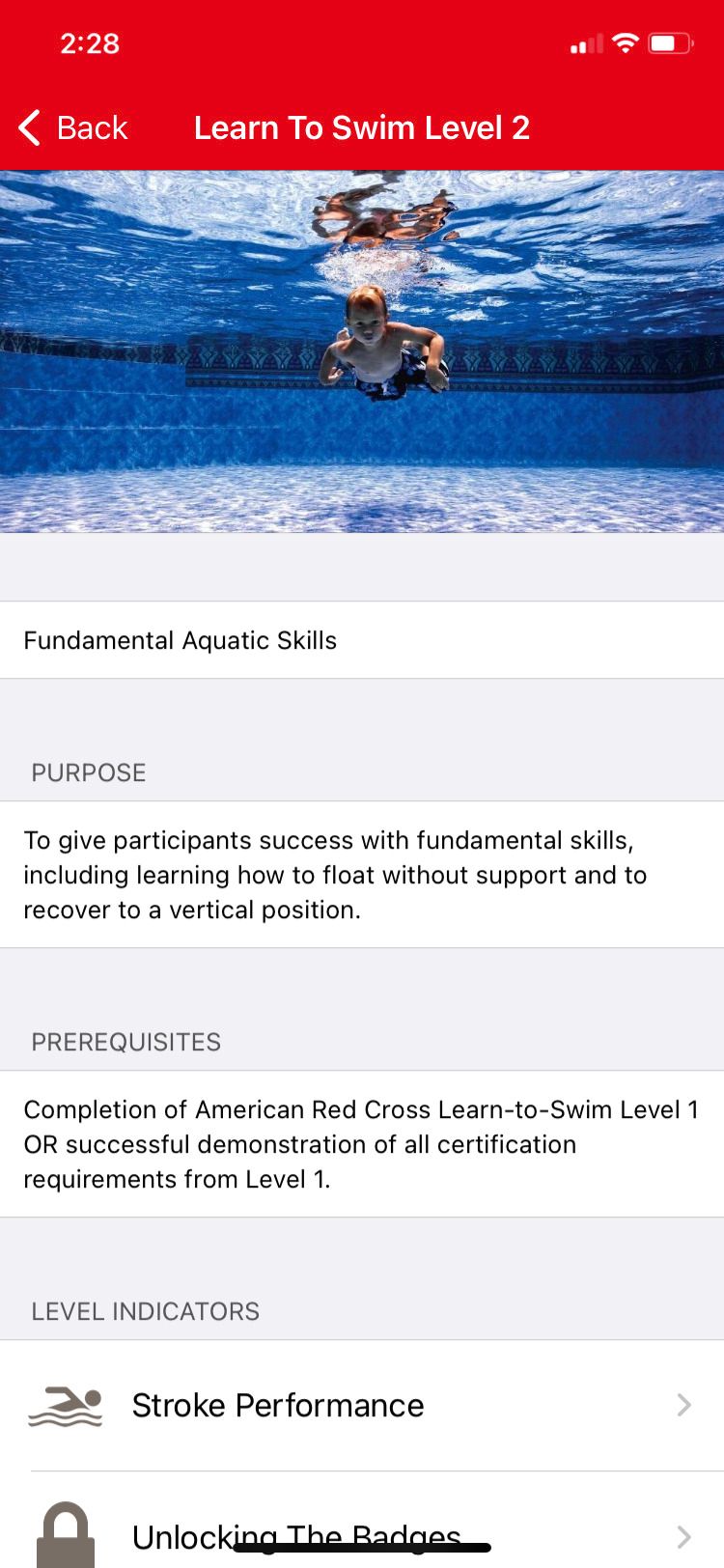 Swim by American Cross Red App Learn to Swim Level 2 screen