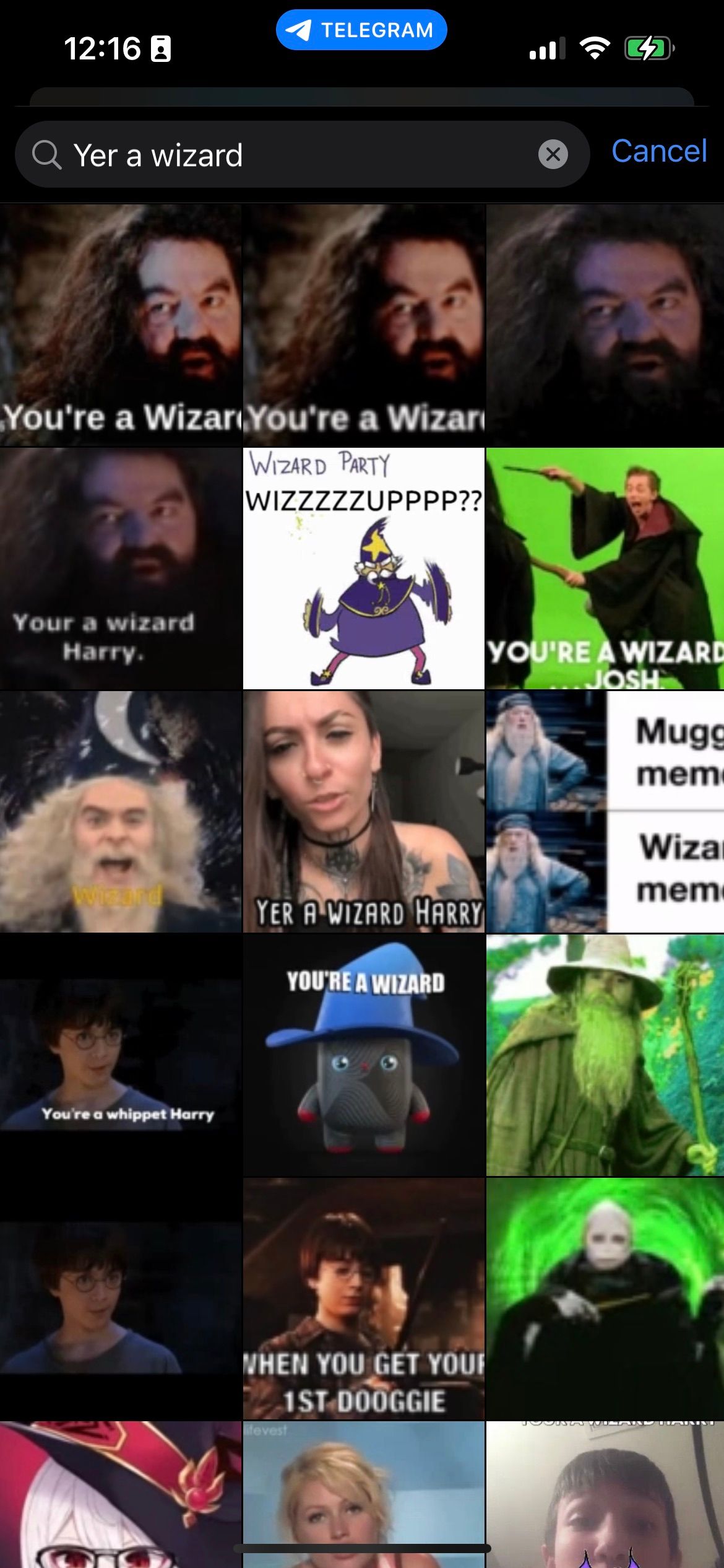 Telegram "Yer a Wizard" GIF search results