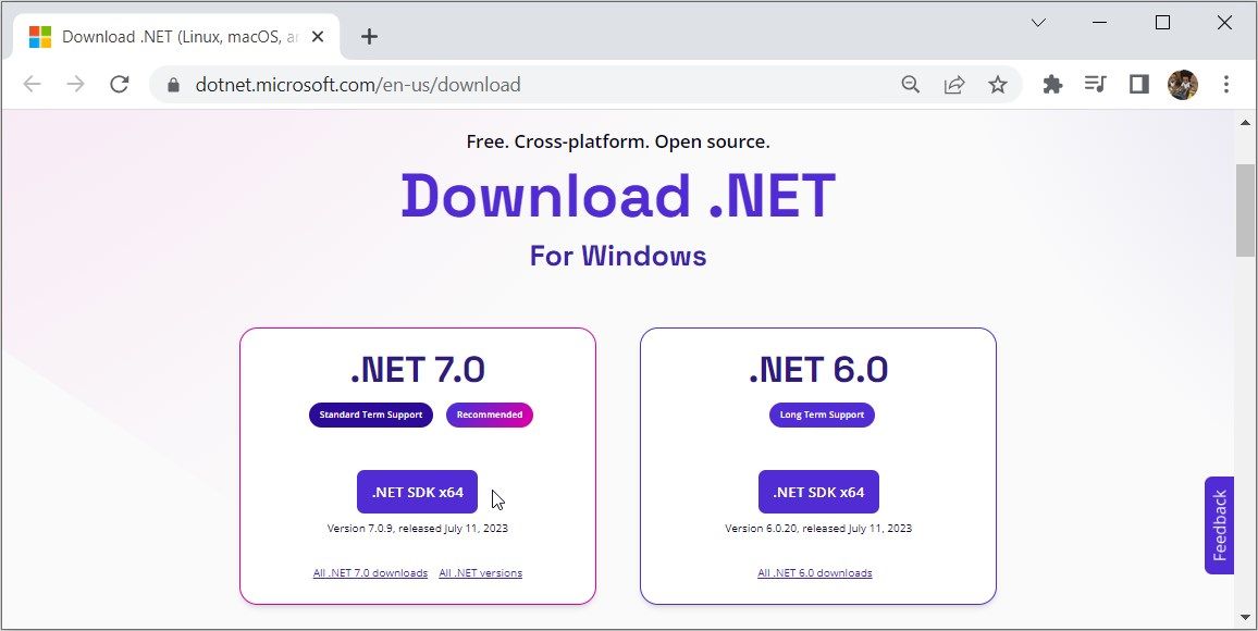 Страница установки .NET Core на веб-сайте Microsoft