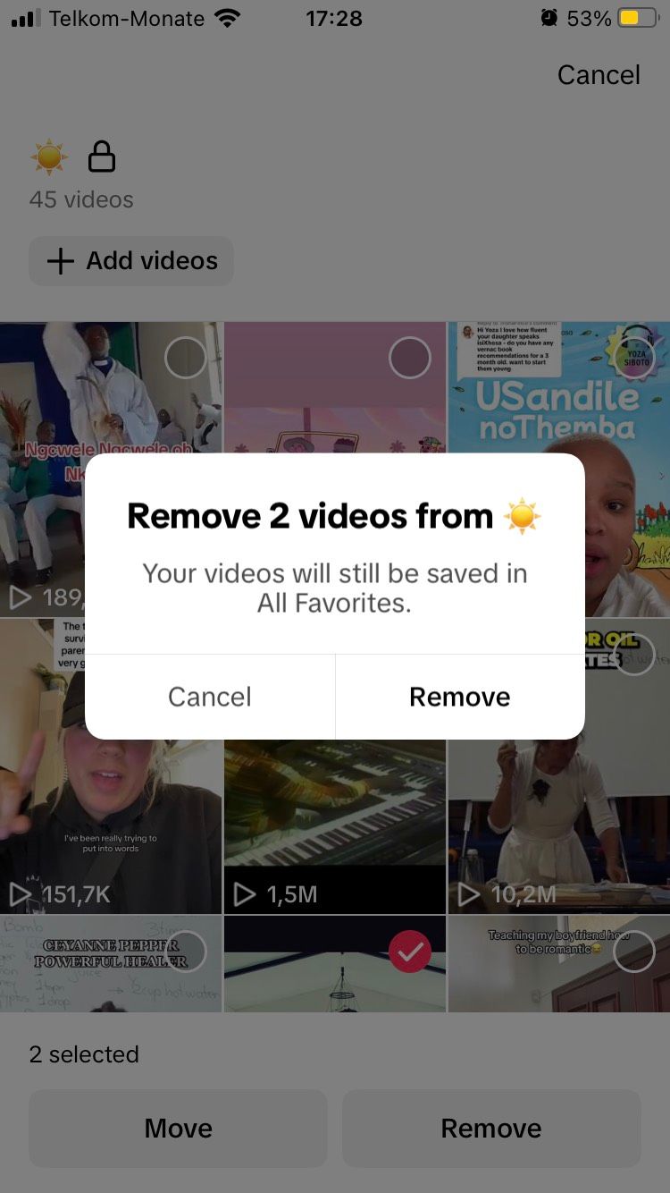 Removing videos from a TikTok collection