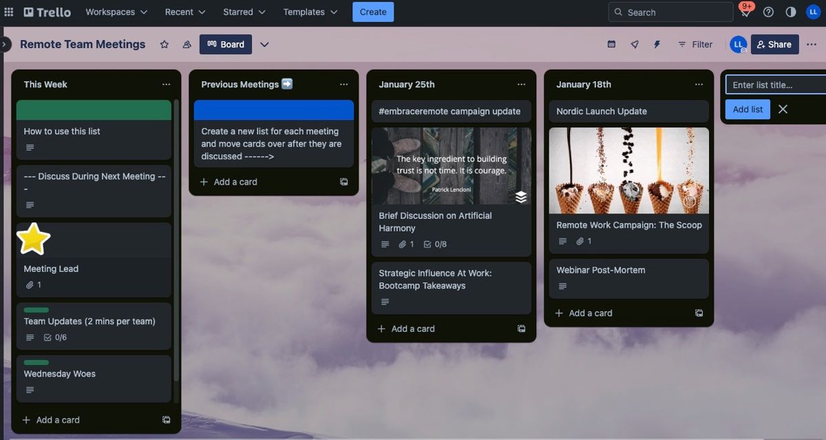 الگوی جلسه آنلاین تیم راه دور Trello