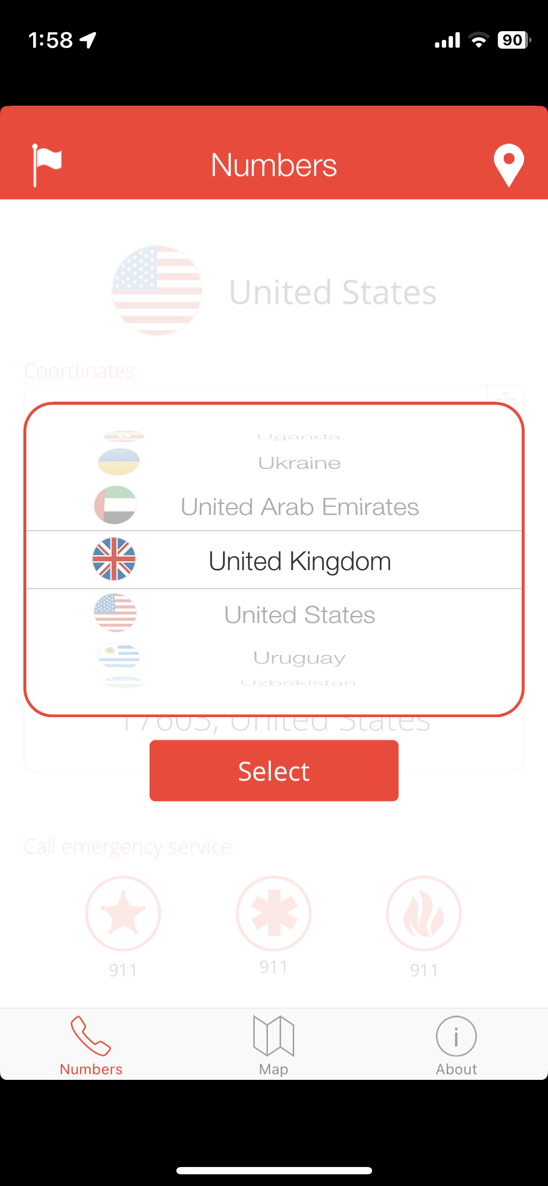 Screenshot of TripWhistle app showing the select location feature.