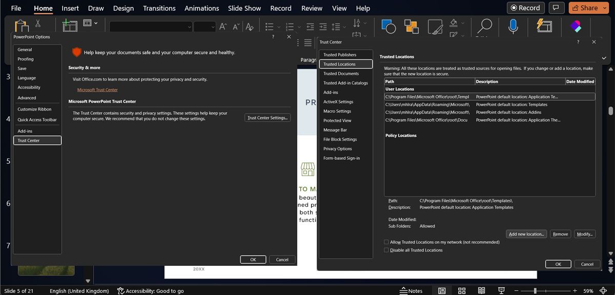 Add files to trusted locations in PowerPoint