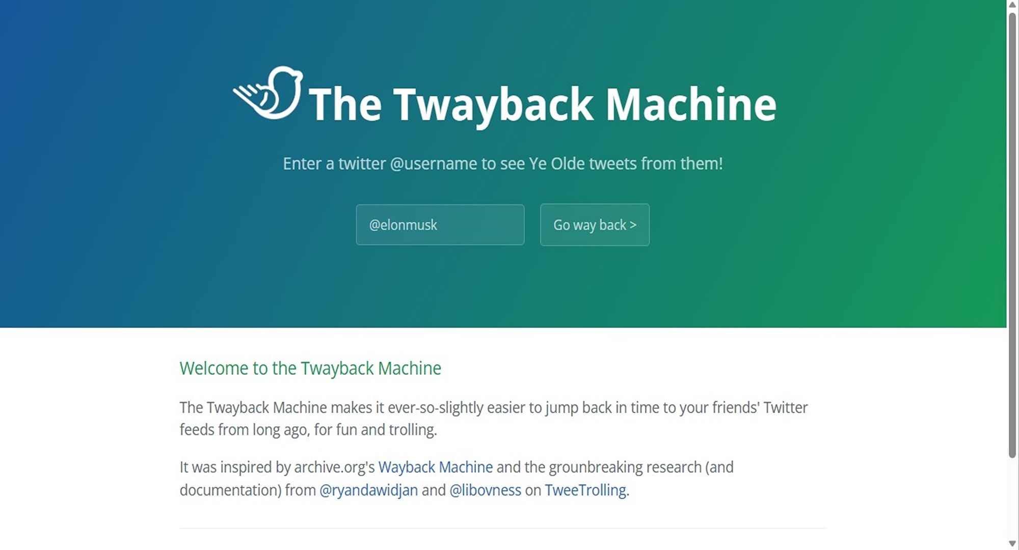Twayback machine interface