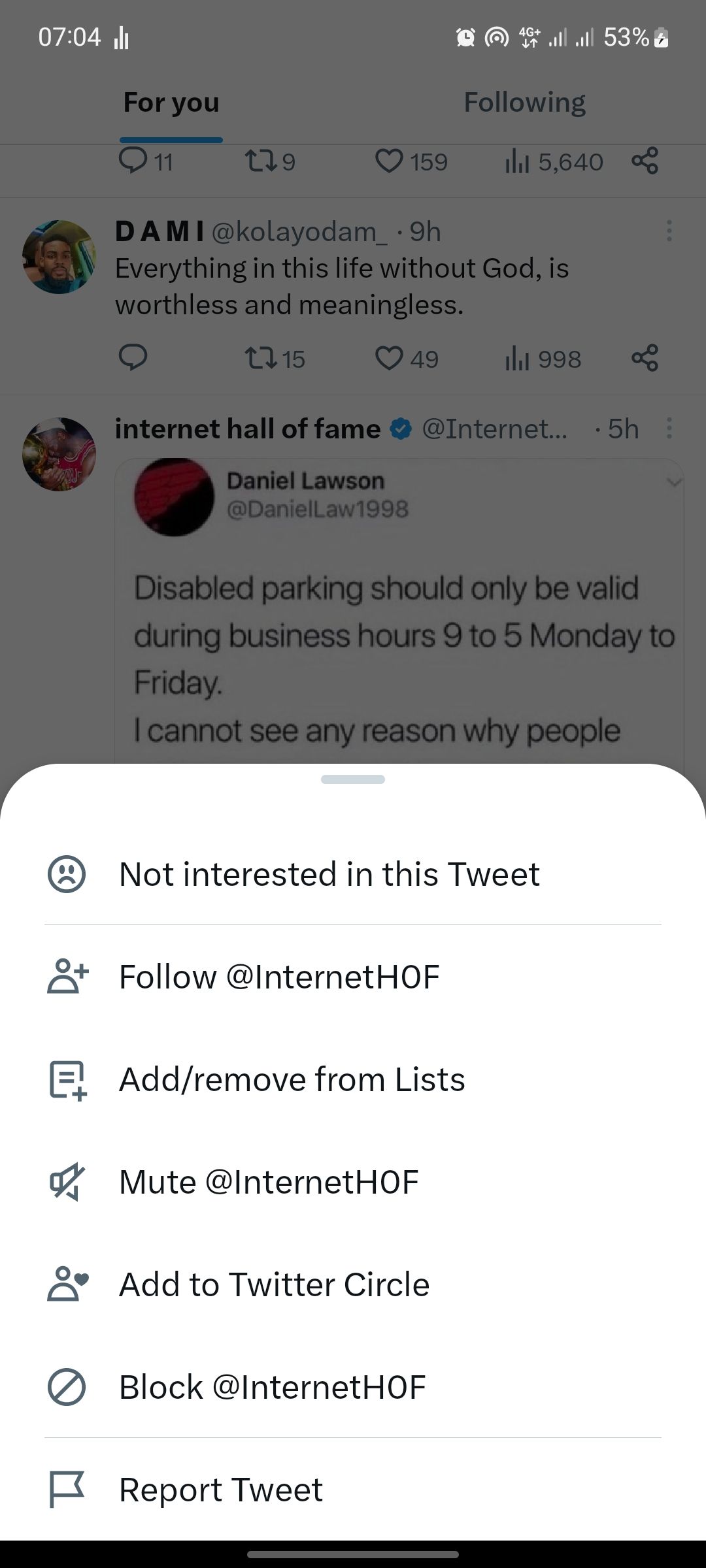 Twitter feed with options screenshot