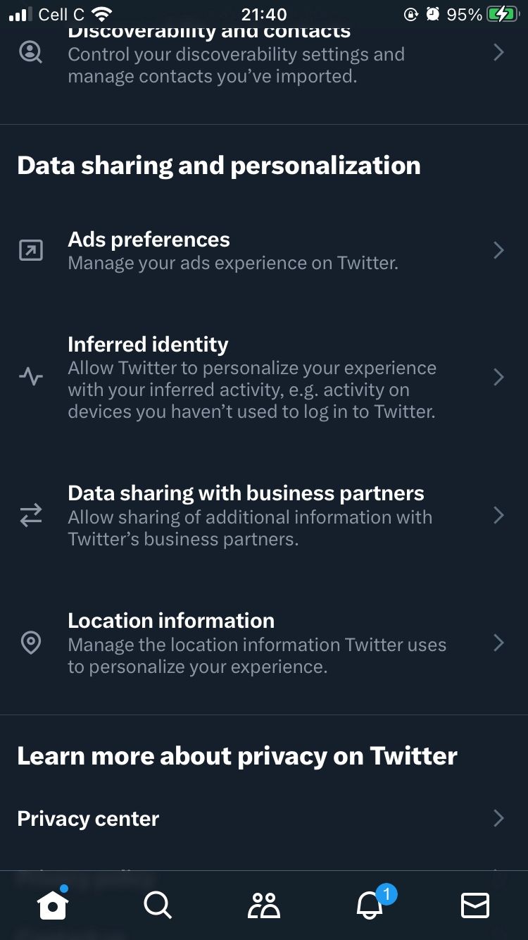 Twitter mobile data sharing and personalization section