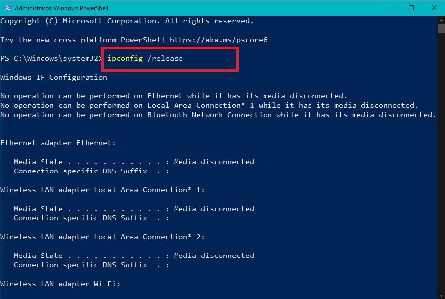 دستور ipconfig release را در خط فرمان تایپ کنید