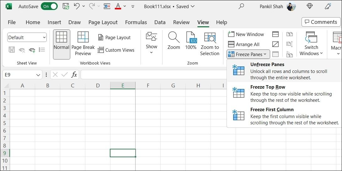 Unfreeze Pane trong Microsoft Excel