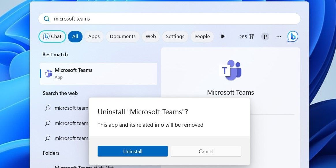 Удалите Microsoft Teams в Windows