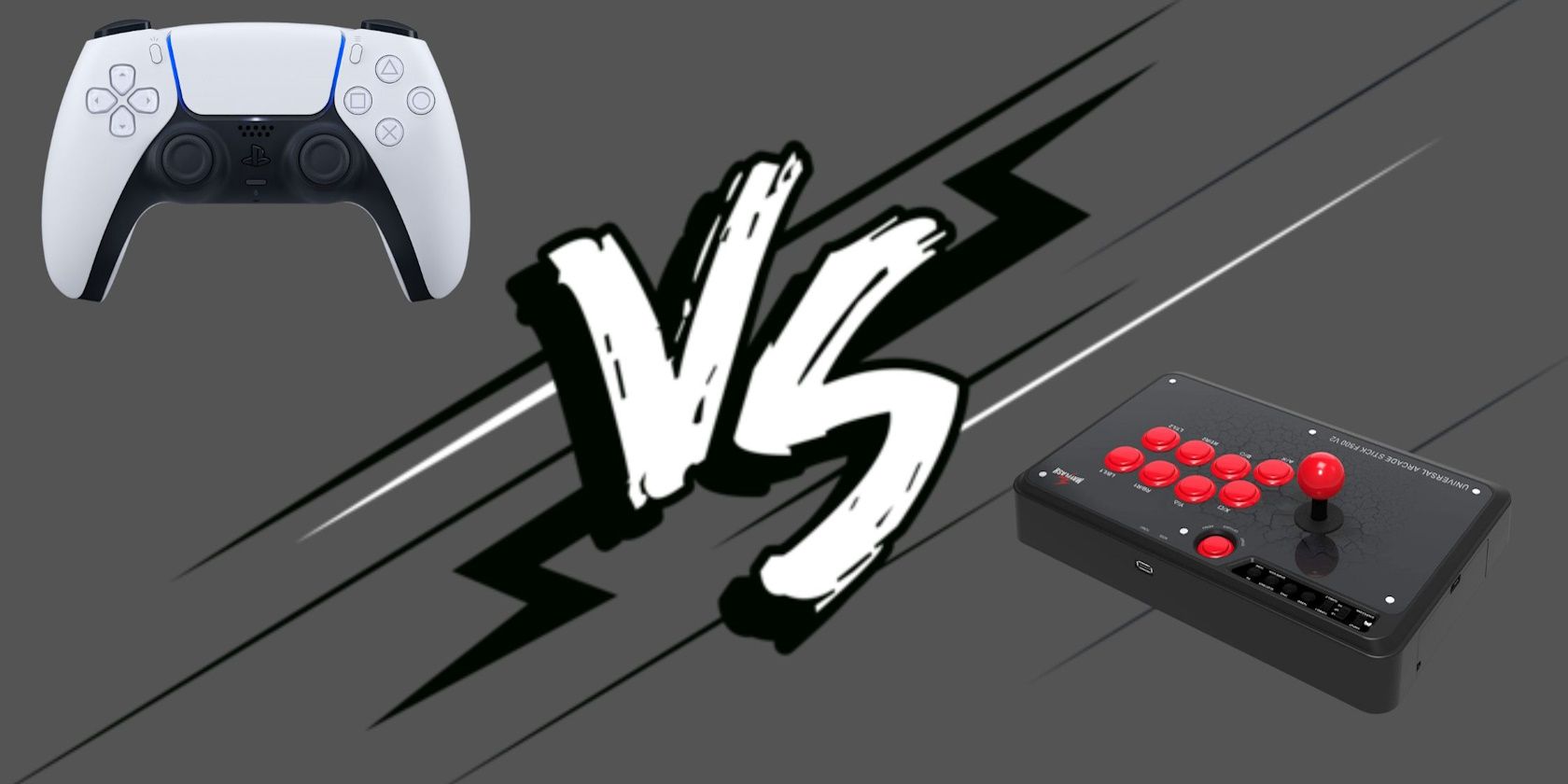 Controller and Arcade stick with a versus sign in between 