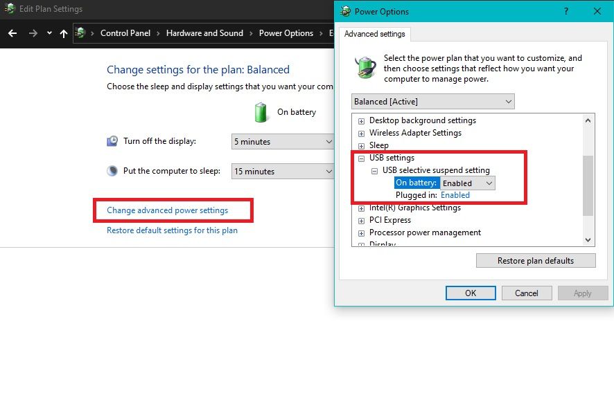 تنظیمات USB در قسمت Change advanced power settings