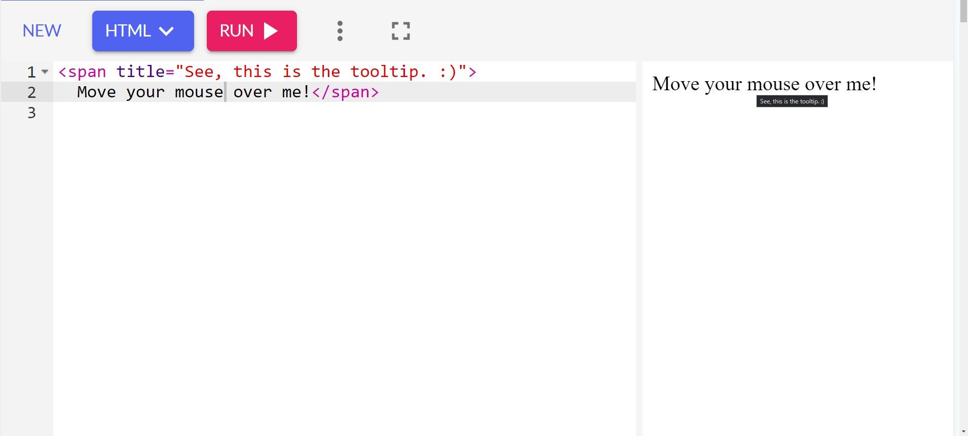 HTML sample code and output on an online compiler window showing tooltip usage