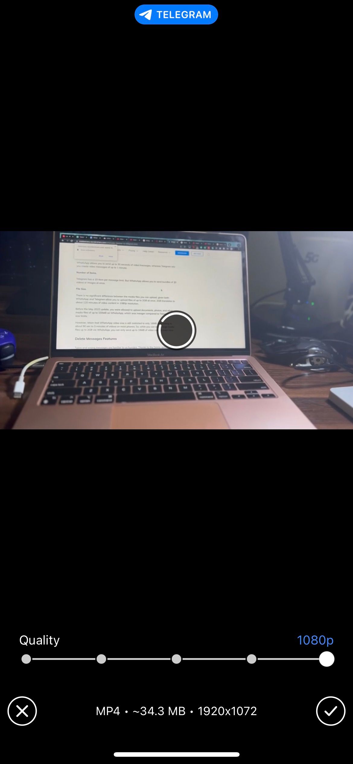 Using the video quality slider on Telegram to adjust a video upload
