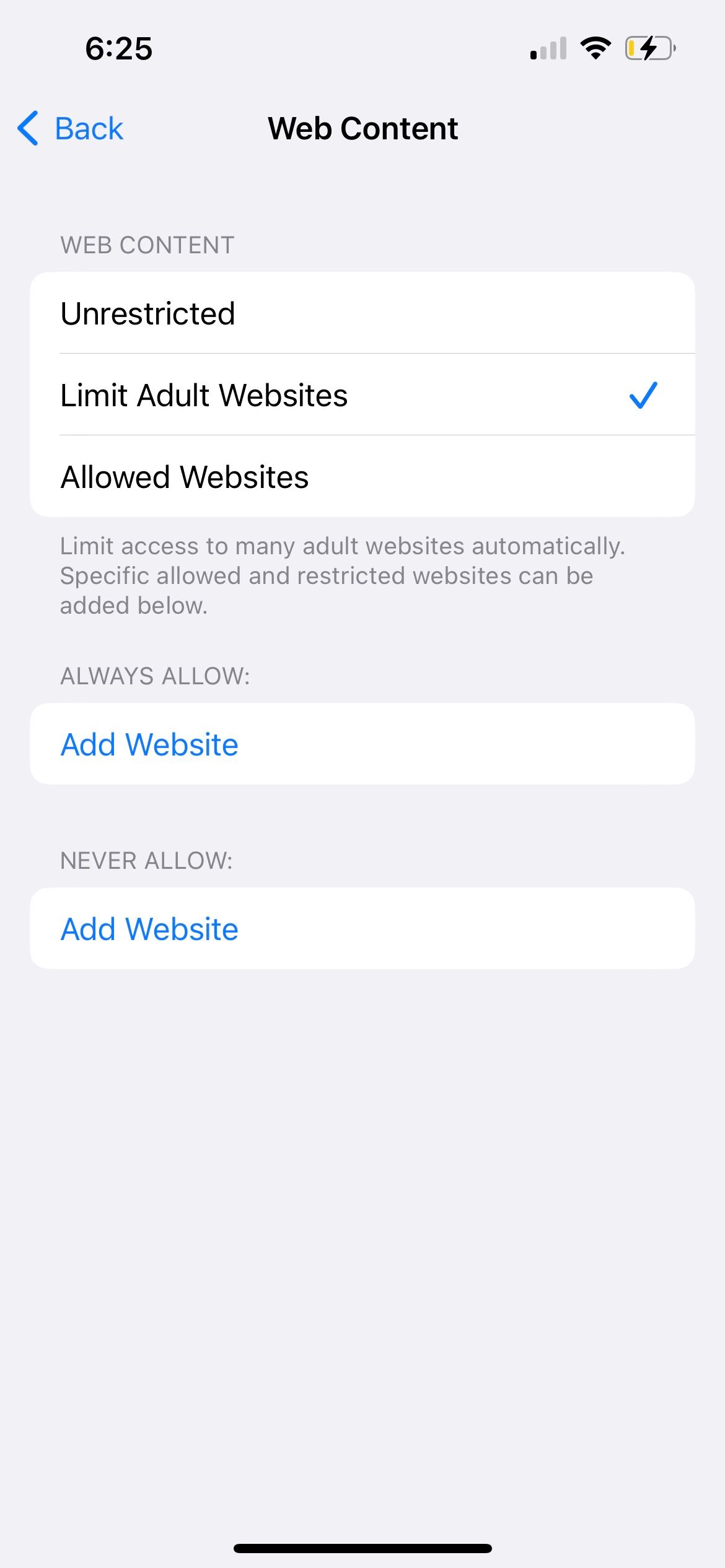 web content restriction setting in iphone
