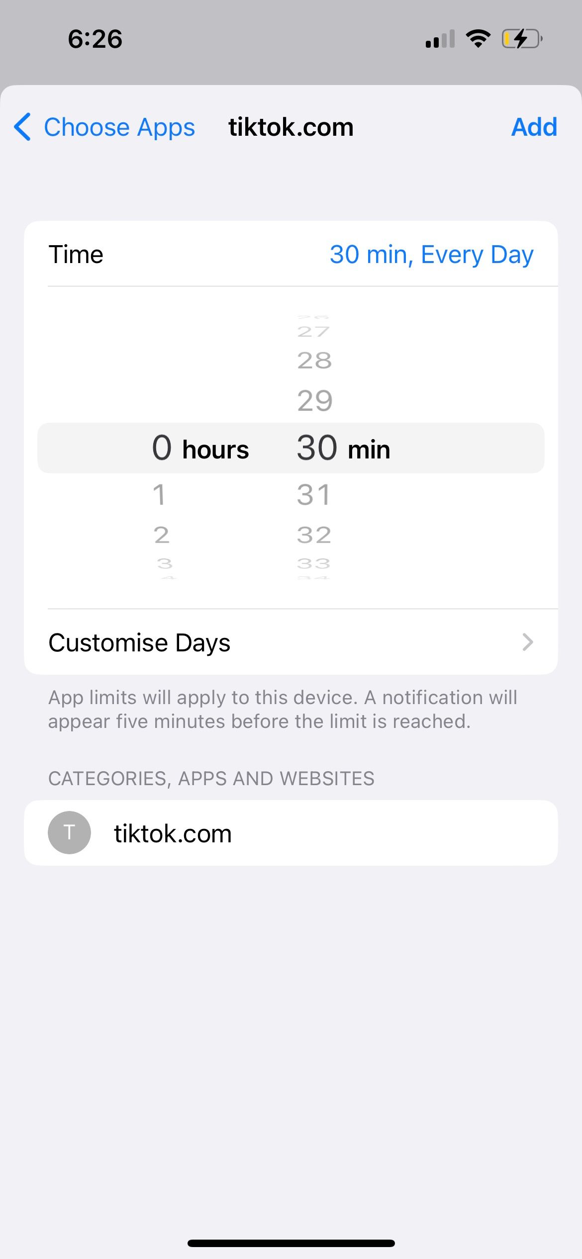 website time limit setting in iphone screen time