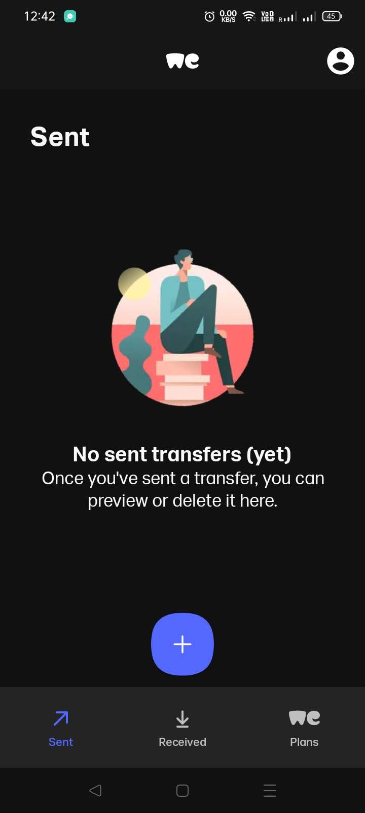 صفحه ارسال شده اپلیکیشن WeTransfer