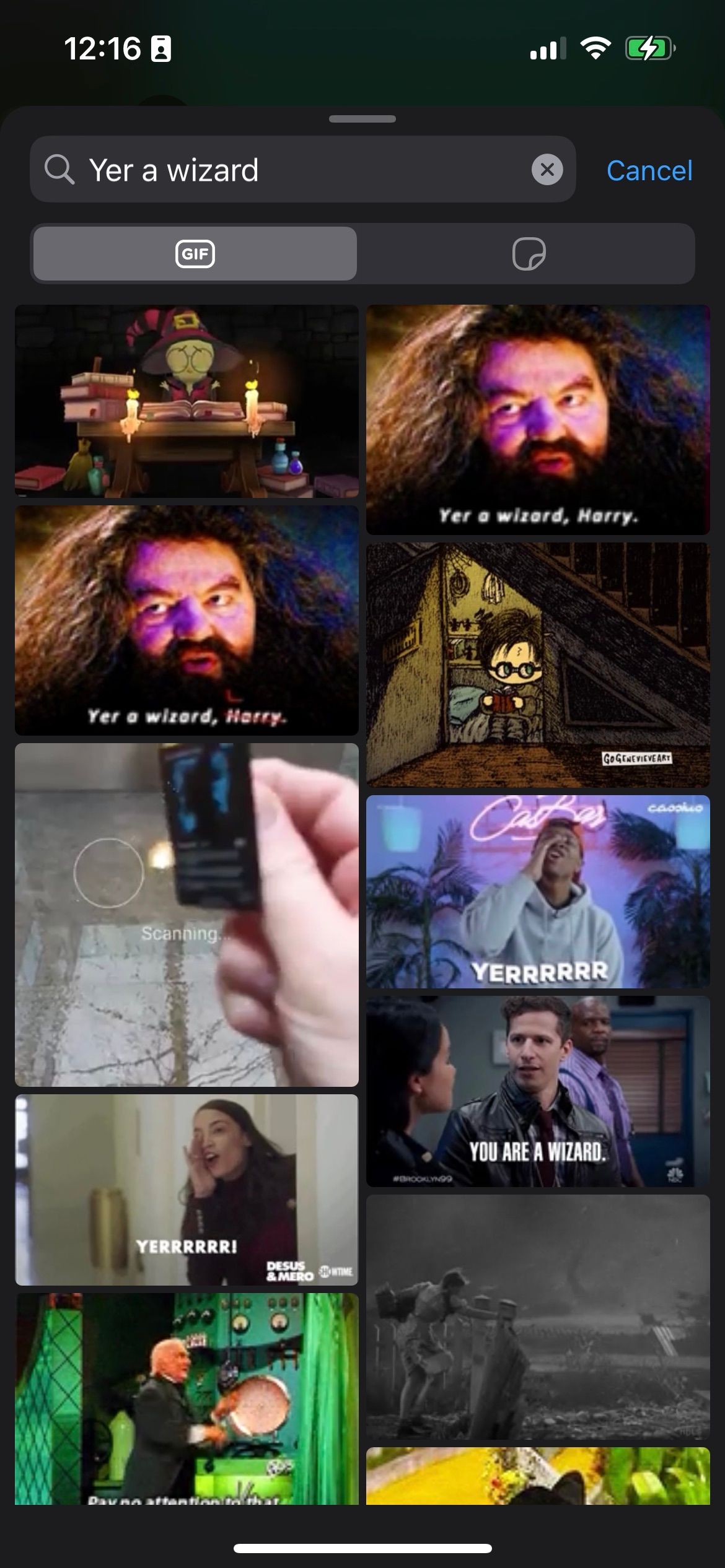 WhatsApp "Yer a Wizard" GIF search results