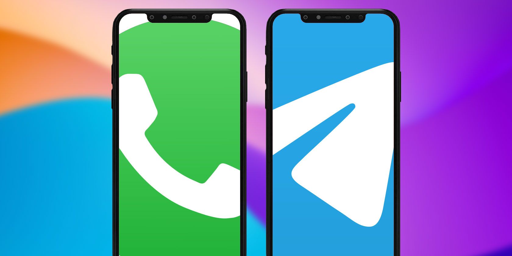 Whatsapp and Telegram logos on smartphone screens