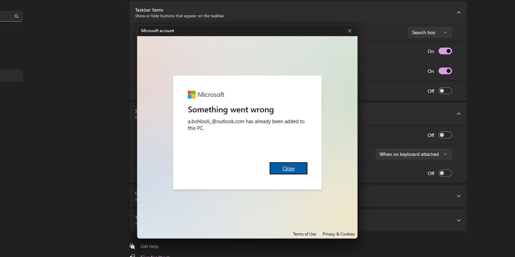 Windows выдает ошибку при добавлении учетной записи