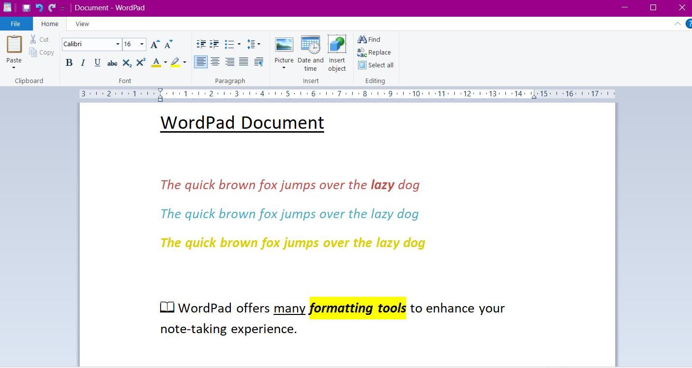 Пустой документ WordPad, демонстрирующий функции форматирования