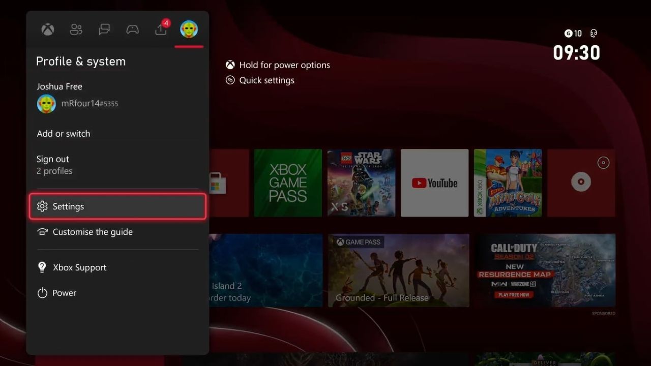 Uma captura de tela do menu Guia no Xbox Series X com as opções Perfil e Sistema destacadas
