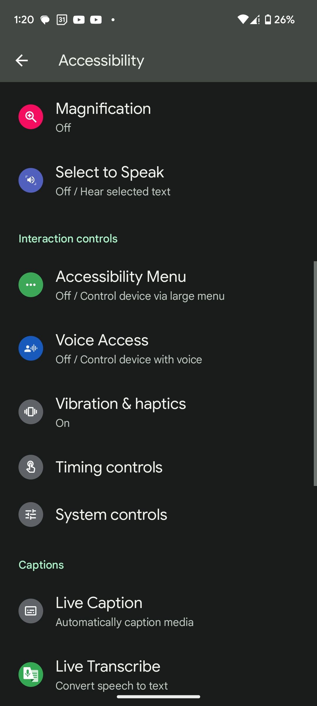 Accessibility settings in Android's Settings app
