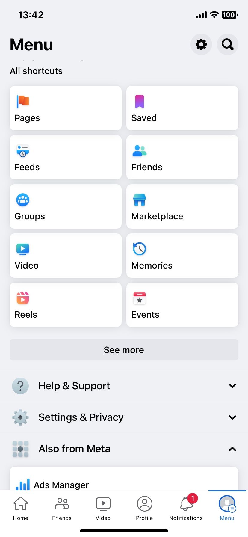 Facebook menu page on mobile