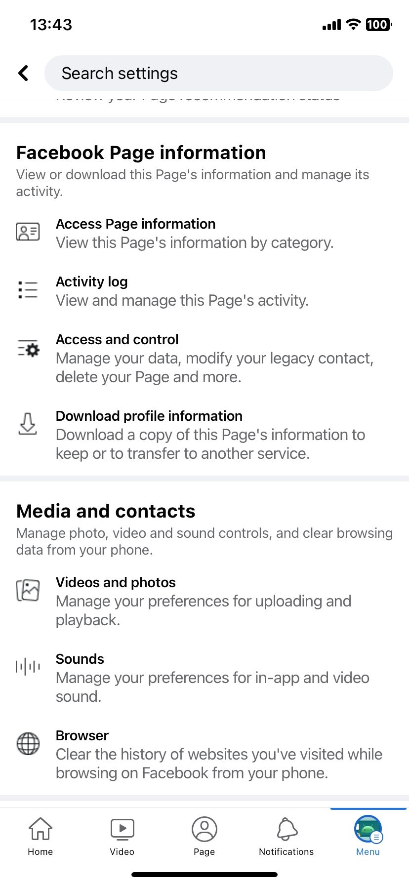 Facebook page information settings