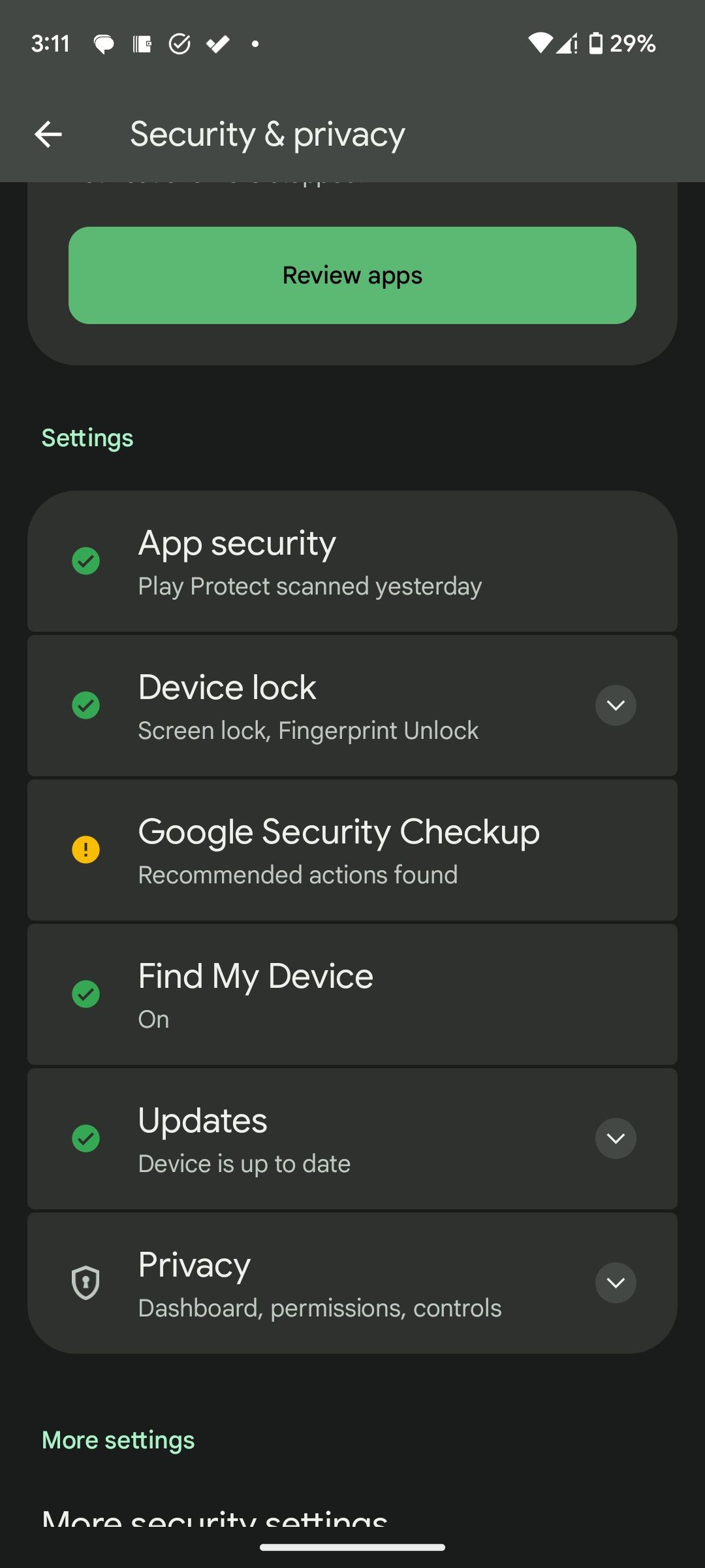 opening security settings on android