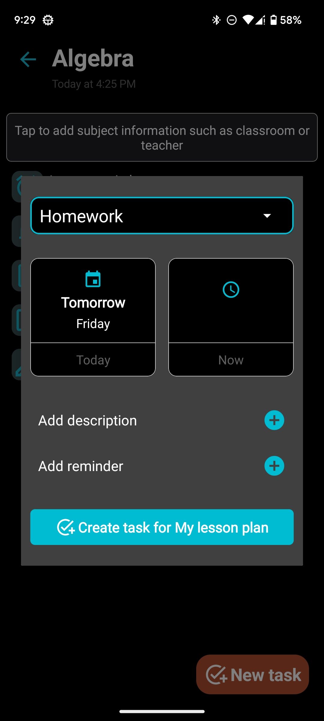 Creating a new task in Lessons School Planner app