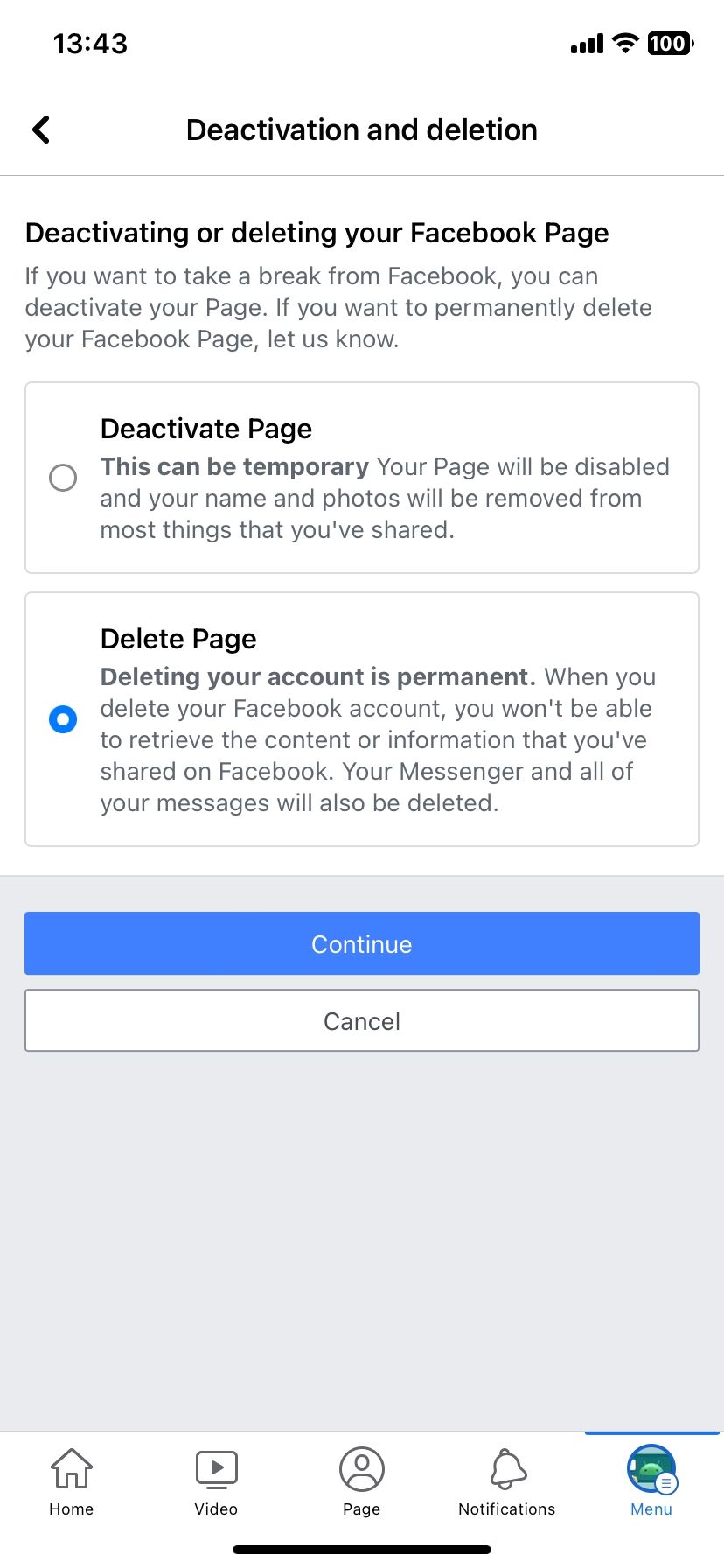 Delete page option on Facebook mobile app