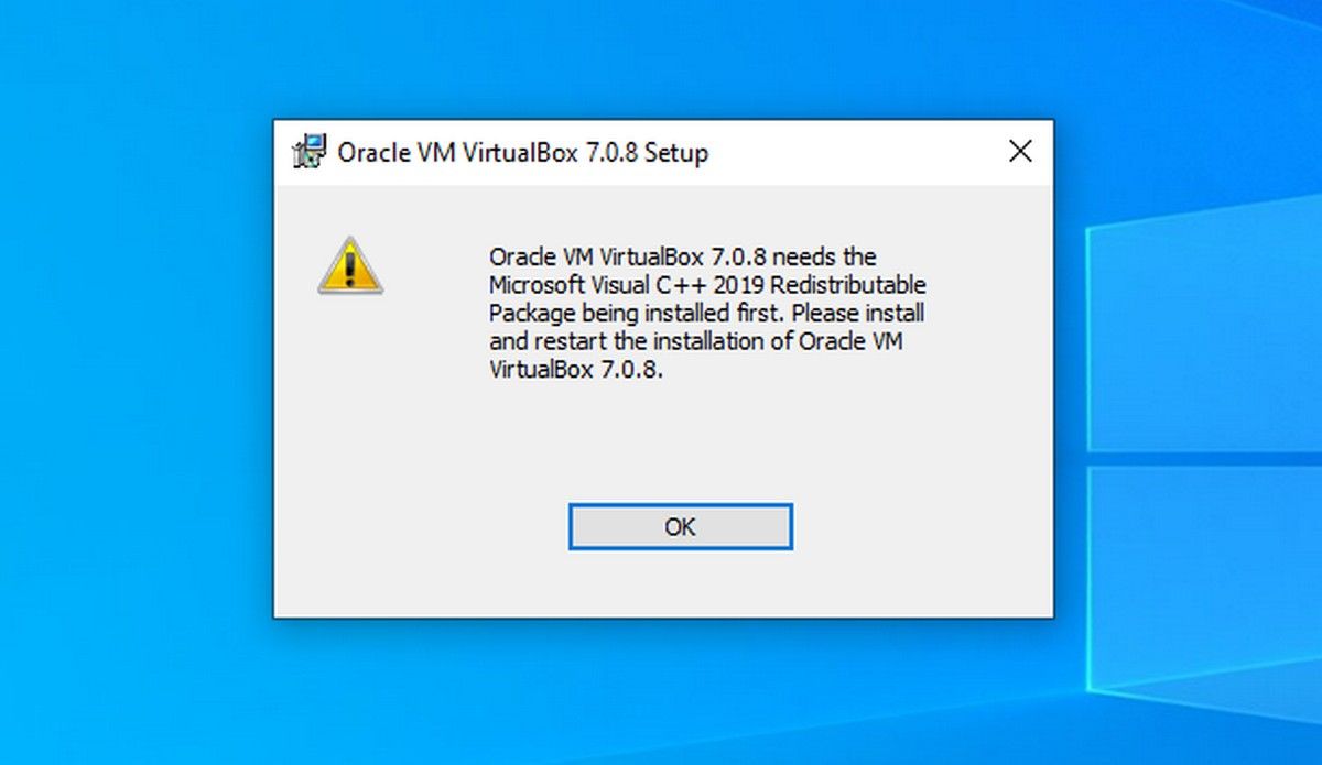 Всплывающее окно в VirtualBox запрашивает распространяемый пакет Visual C ++