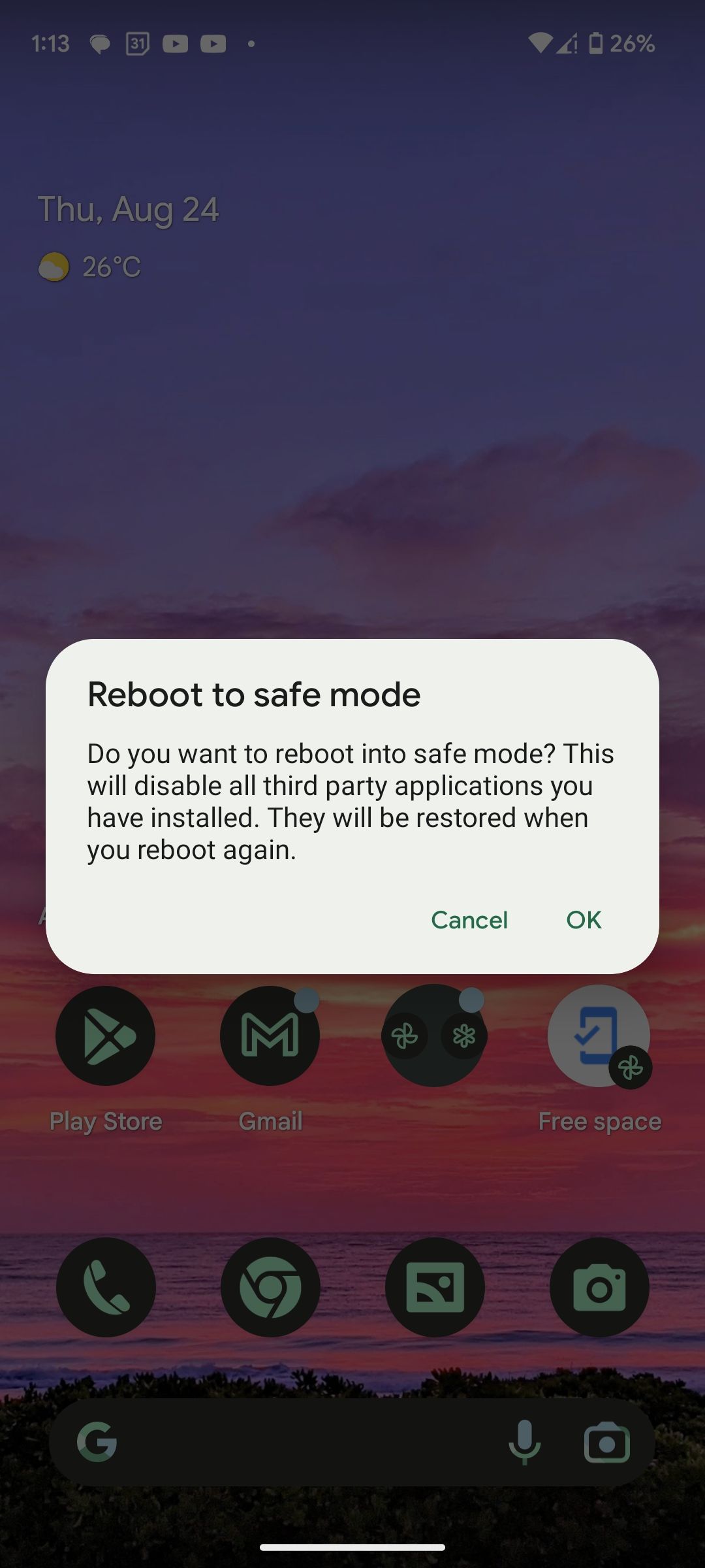 Android reboot to Safe mode confirmation