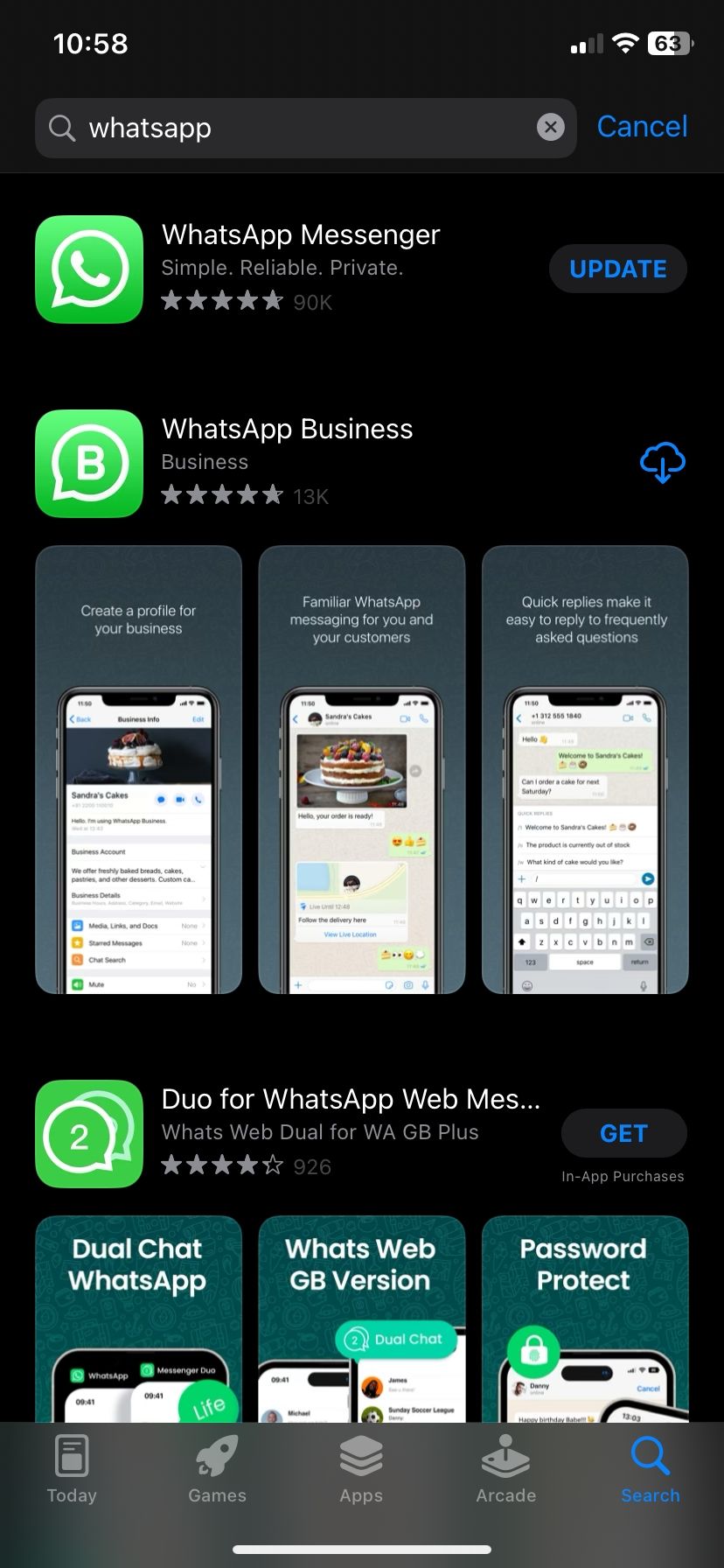 Botão de atualização do WhatsApp na App Store