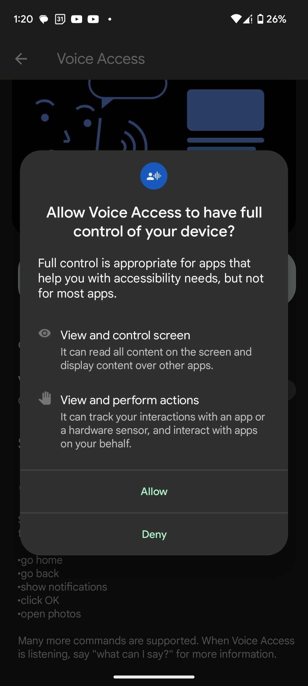 Enabling Voice Access features in Android