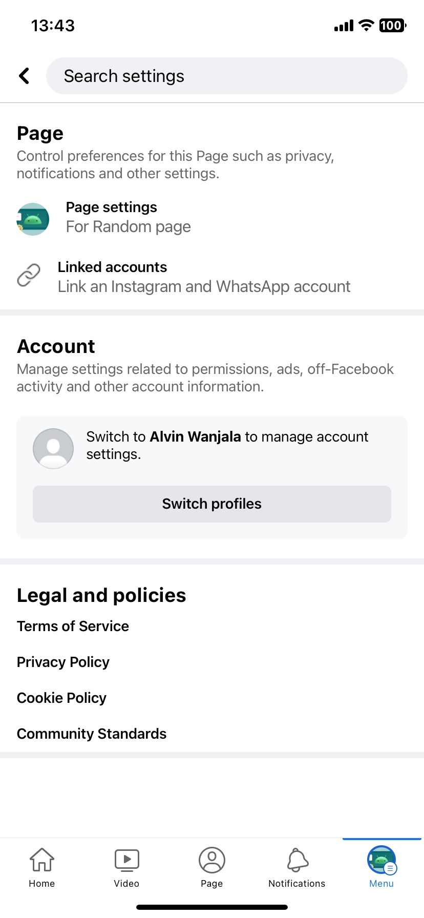 Facebook page settings on mobile