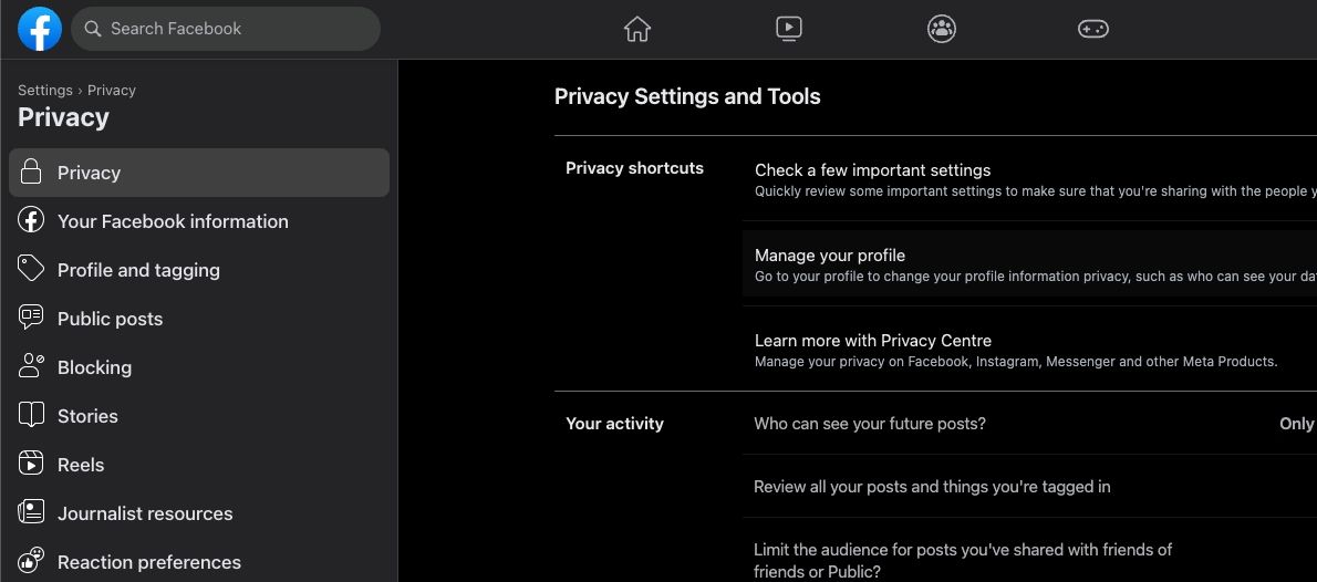 Facebook privacy settings section 