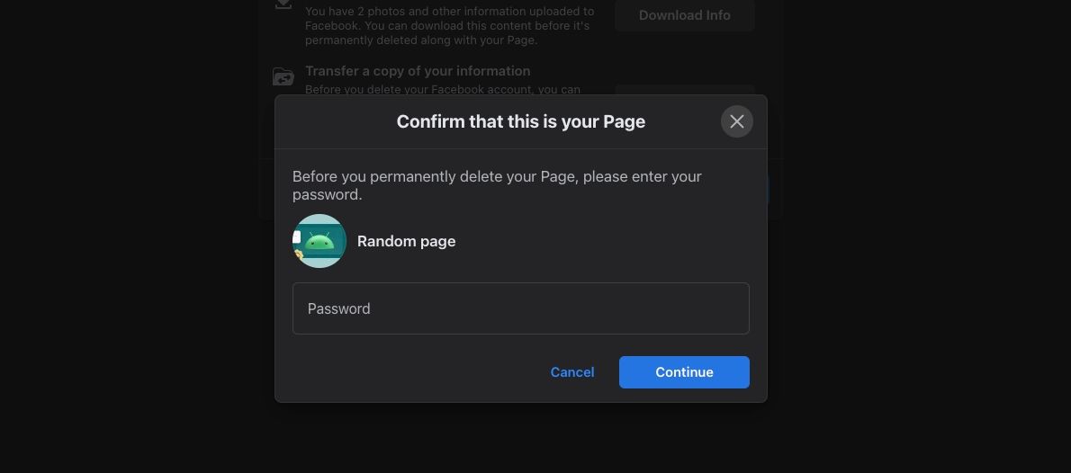 Password prompt to confirm Facebook page deletion