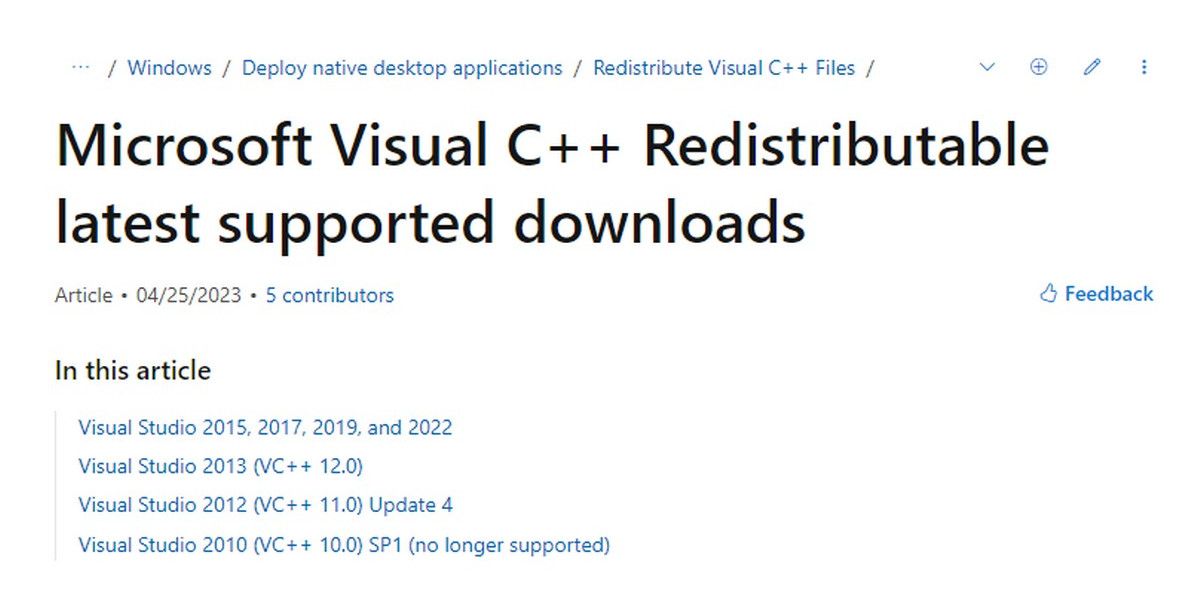 Страница загрузки Microsoft Visual C ++ для распространения