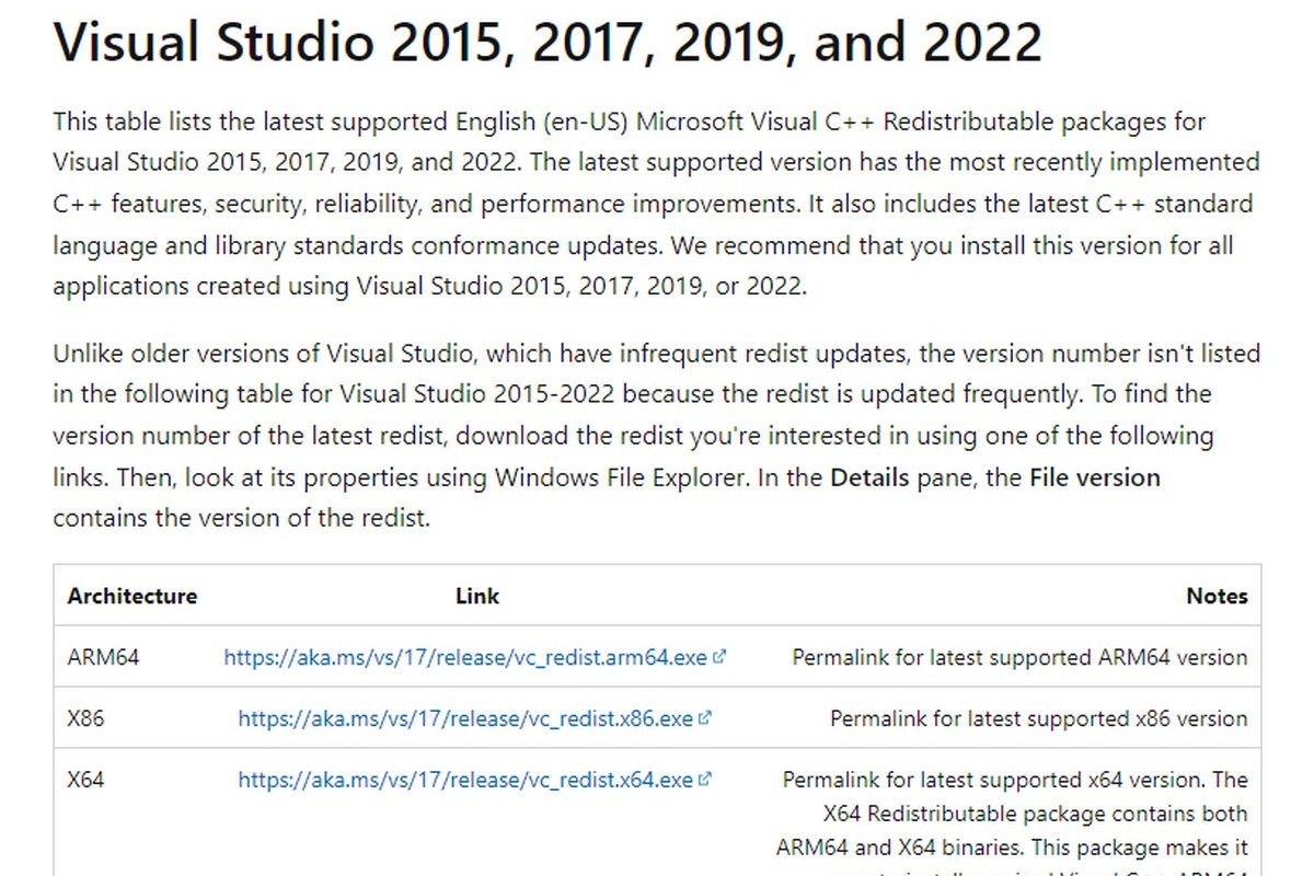 Распространяемая загрузка Microsoft Visual C ++ выберите архитектуру