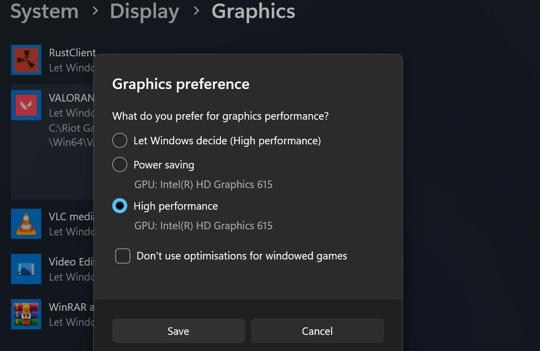 Установите значение Valorants Graphics для параметра High в настройках графики приложения Windows "Настройки"