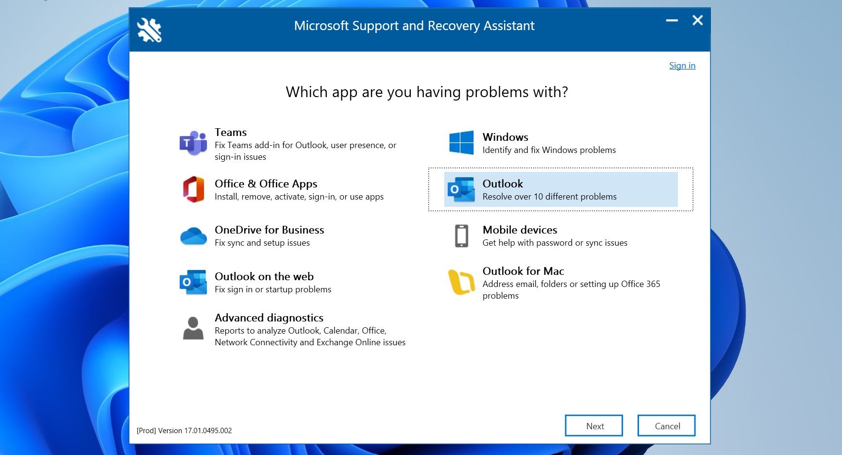 Clique em Avançar após selecionar Outlook na lista de aplicativos na janela do Microsoft Support and Recovery Assistant