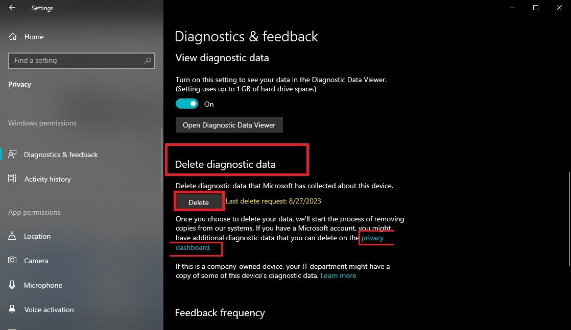 بخش Delete Diagnostic Data