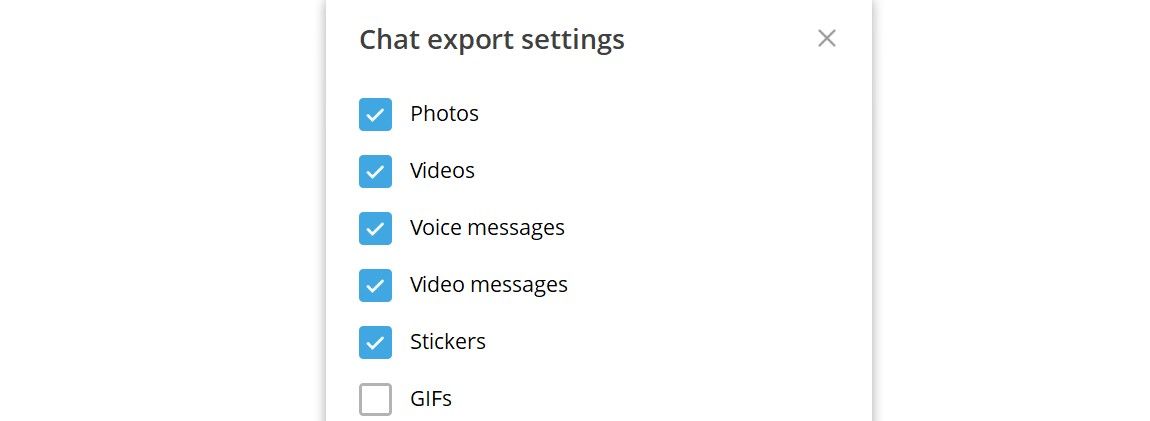 captura de tela mostrando a página de configurações de exportação de bate-papo do Telegram na área de trabalho