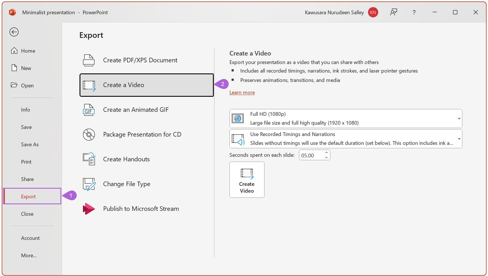 Click Export and Create a Video in PowerPoint