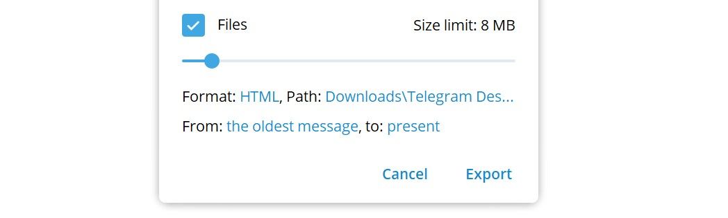 captura de tela mostrando como exportar um único bate-papo no Telegram