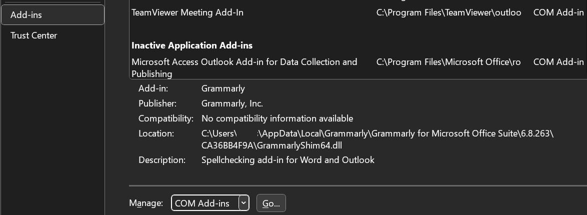 Clique no botão Ir após selecionar a opção COM Add-ins no menu suspenso Gerenciar no Outlook