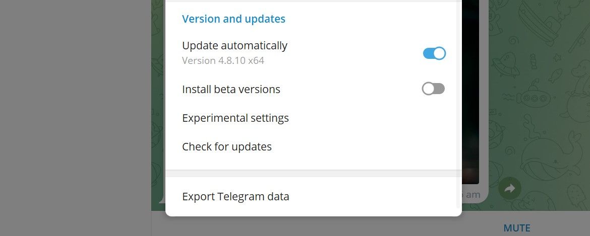 captura de tela mostrando a página de configurações avançadas da área de trabalho do Telegram
