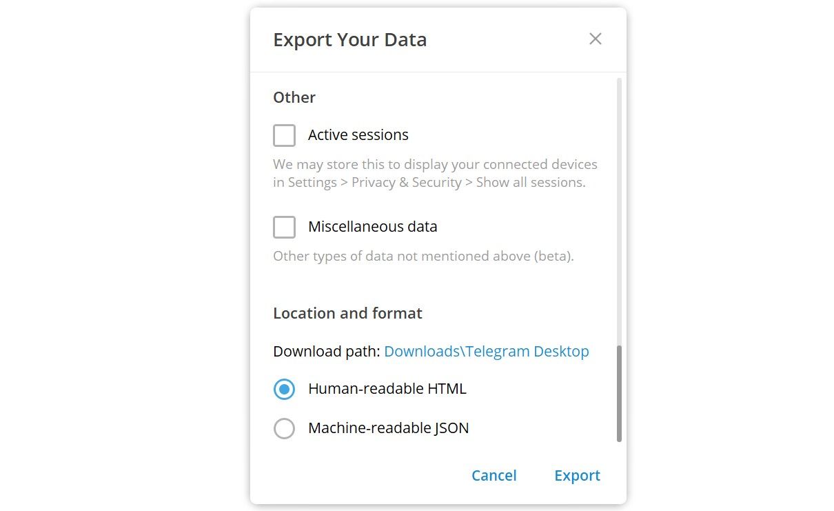 captura de tela mostrando como exportar dados no Telegram